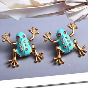 Turquoise frog crystal earrings gold enamel